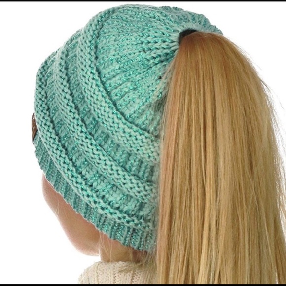 C.C Messy Bun Beanie Tail in Mint Metallic - Picture 2 of 15